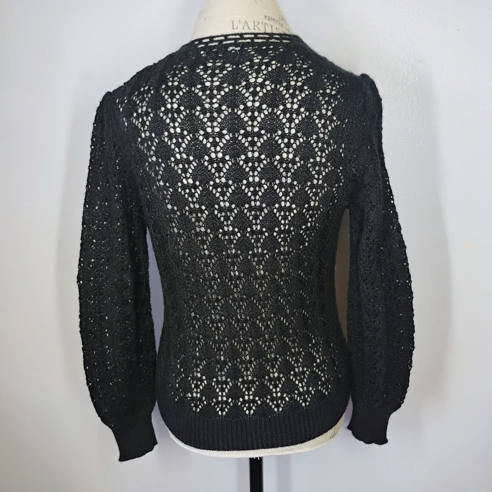 Vtg Dress Du Jour Open Knit Wool Cardigan Black Womens Small Whimsigoth Retro
